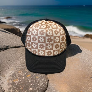 Checkered trucker hat, women trucker hat, checkered floral hat, gift for mom, gift for teens, gift for kids, custom gift for her, gift ideas