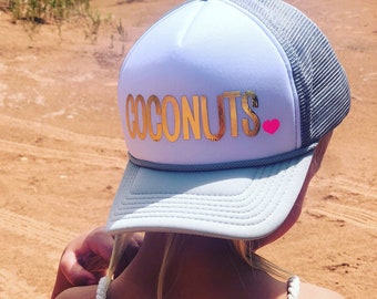 Coconuts, coconuts hat, coconut, coconut hat, coconuts trucker hat, ariebdesigns, custom, custom hat, kids hat, cute kids trucker hat, beach