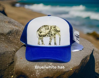 Elephant Snapback Hat, Custom Blue White Trucker Hat