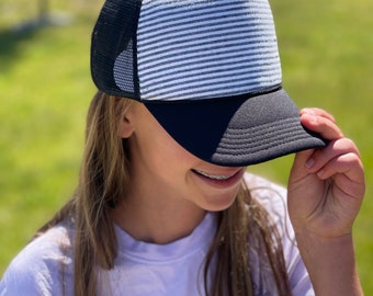 Simple stripe hat, striped trucker hat, hat with stripes, striped hat with heart, cute women’s hat, women’s trucker hat, custom women’s hat,