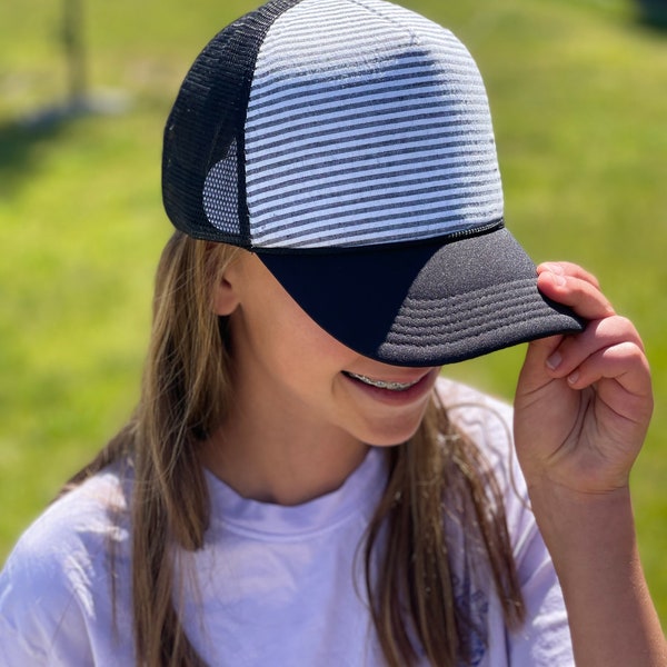 Simple stripe hat, striped trucker hat, hat with stripes, striped hat with heart, cute women’s hat, women’s trucker hat, custom women’s hat,