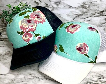 Mint hat, mint floral, Aqua hat, womens hat, trucker hat, floral trucker hat, womens snapback, navy floral hat, floral hat, floral snapback