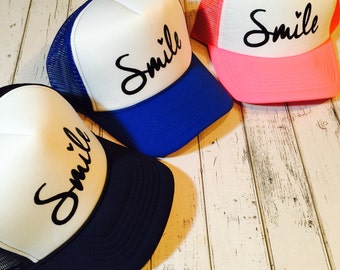 etsy gift, gift for her, Smile, smile hat, smile fashion, smile trucker hat, smile snapback, snap back, trucker hat