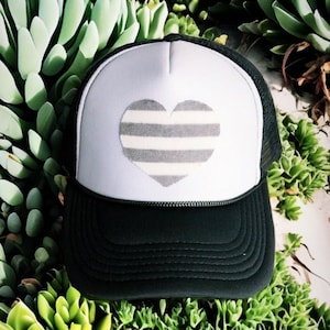 womens hat, womens gift, Striped heart trucker hat, cute heart hat, hat with heart, trucker hat, hat for girls,