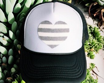 womens hat, womens gift, Striped heart trucker hat, cute heart hat, hat with heart, trucker hat, hat for girls,