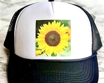 Sunflower, sunflower hat, sunflower fashion, sunflower trucker hat, sunflower hat for women, sun flower, cute sunflower hat