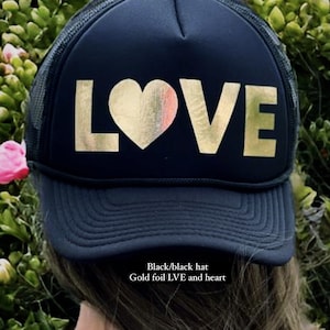 Cute gold love hat, love, love hat, love trucker hat, trucker hat, gold, gold love, love hat, womens hat, cute girls hat image 1