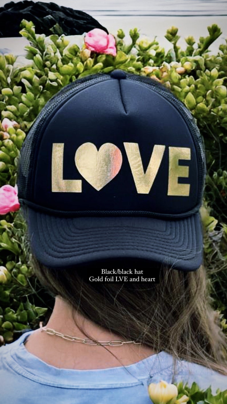 Cute gold love hat, love, love hat, love trucker hat, trucker hat, gold, gold love, love hat, womens hat, cute girls hat image 1