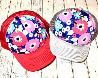 Spring hat, floral hat, floral trucker hat, floral fabric hat, ariebdesigns, floral trucker hat