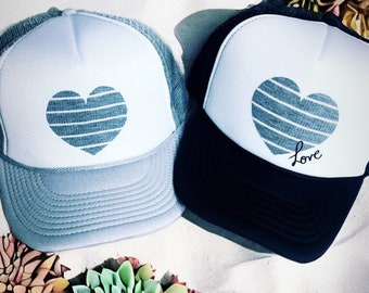 womens hat, womens gift, Striped heart trucker hat, cute heart hat, hat with heart, trucker hat, hat for girls,