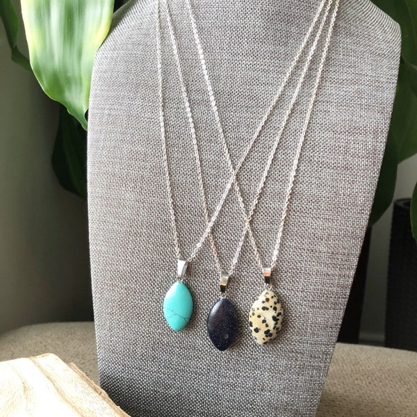 Turquoise Necklace, Silver Drop Necklace, Pendant Necklace, Blue Sandstone, Dalmatian Jasper Necklace, Boho Necklace