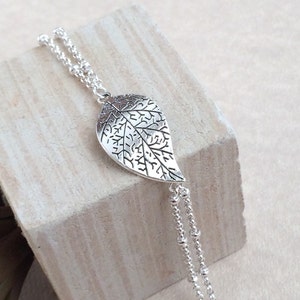 Silver Leaf Bracelet, Large Leaf Bracelet, Leaf Bracelet, Antique Bracelet,Filigree Leaf Bracelet,Boho Jewelry,Silver Double chain bracelet image 3