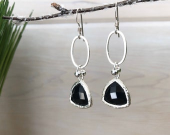 Black Glass Crystal Earrings, Sterling Silver Earrings