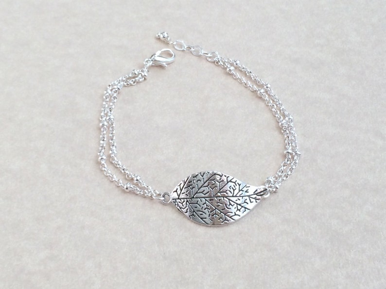 Silver Leaf Bracelet, Large Leaf Bracelet, Leaf Bracelet, Antique Bracelet,Filigree Leaf Bracelet,Boho Jewelry,Silver Double chain bracelet image 4