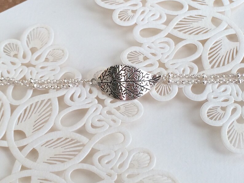 Silver Leaf Bracelet, Large Leaf Bracelet, Leaf Bracelet, Antique Bracelet,Filigree Leaf Bracelet,Boho Jewelry,Silver Double chain bracelet image 7