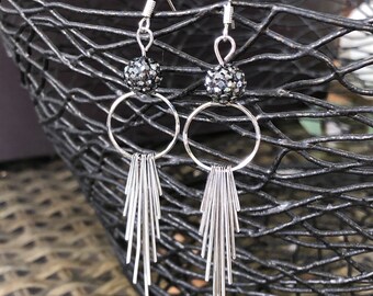 Silver Fringe Bars and Crystal Bead Dangle Earrings