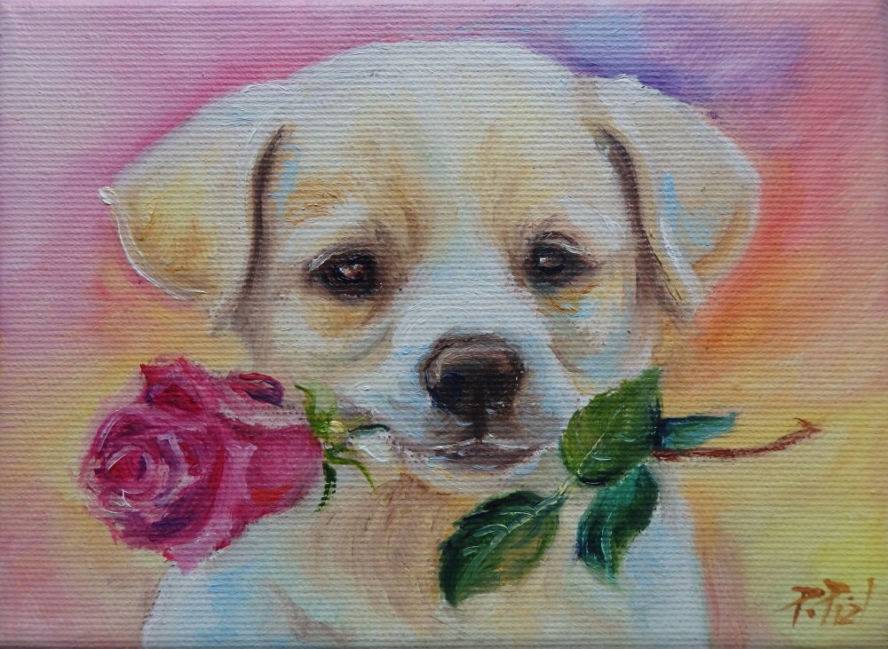 Labrador Cute PUPPY Tiny dog PORTRAIT with rose flower Gift | Etsy