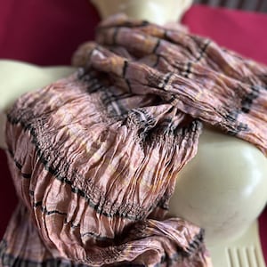Tan print scarf, Brown print scarf, Brown Black scarf, 80s Brown Scarf, Shirred Scarf, Textured Scarf, 80s Abstract Scarf, Brown Tan Scarf