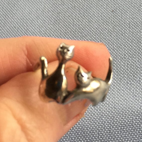 Cat Ring, Silver Cat Ring, Retro Cat Ring, Two Ca… - image 5