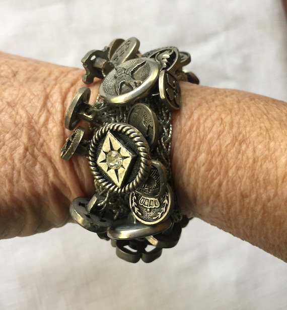 Button Bracelet, Dangle Bracelet, Pewter Bracelet, Retro Bracelet, Rare Button Bracelet, Artisan Bracelet, Charm Bracelet, Odd Bracelet
