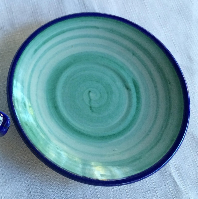 May include: A blue and green ceramic plate with a swirl design. The plate has a blue rim and a white center with green swirls.