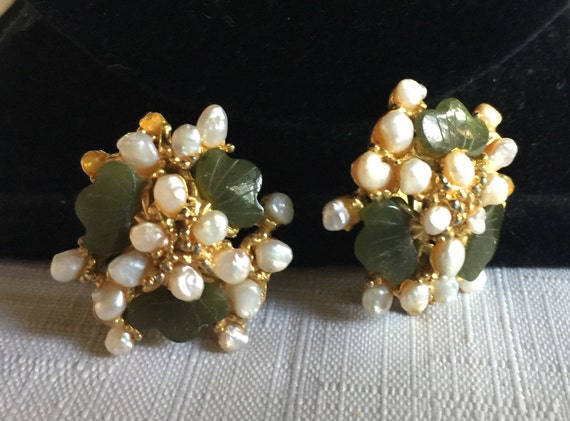 Gold Jade Earring, Jade Pearl Earring, Green Gold