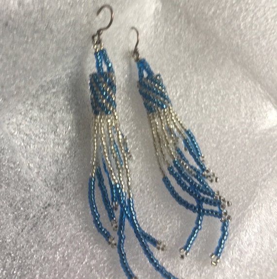 Blue Bead Earring, Blue Dangle Earring, Blue Frin… - image 1