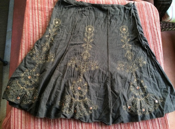 Brown Hippie Skirt, Embroider Skirt, Embellish Ski
