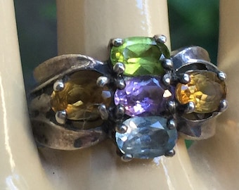 Gem Ring, Multi Color Ring, Silver Jewel Ring, Colorful Ring, Thick Ring, 925 Ring, Chunky Ring, Colorful Gem Ring, Sz 7 Ring, Gemstone Ring