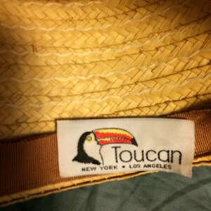 Pu&ograve; includere: Un cappello di paglia intrecciato marrone e beige con un nastro marrone e un'etichetta bianca con un'illustrazione di tucano e il testo "Toucan New York Los Angeles".