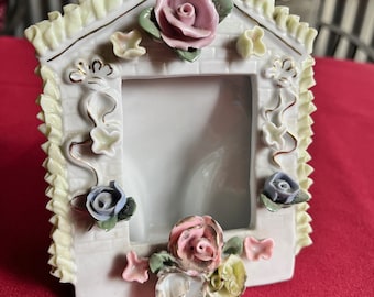 Marco de imagen de cerámica, marco de mesa, marco de rosa, marco de fotos de cerámica, marco floral, marco de cerámica, marco de imagen de flores, marco pastel