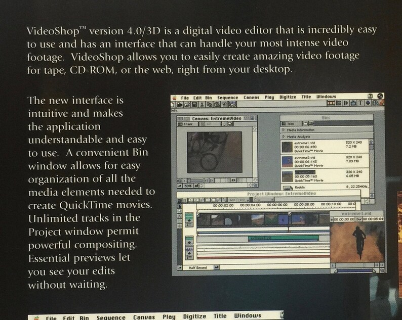 Pu&ograve; includere: Uno screenshot di uno schermo di computer che mostra un programma di editing video chiamato VideoShop. Il programma ha un'interfaccia grigia con una barra dei menu nella parte superiore e una timeline nella parte inferiore. Lo schermo mostra un clip video di una persona che va in bicicletta su un sentiero sterrato. Il testo sullo schermo dice "VideoShop&trade; versione 4.0/3D &egrave; un editor video digitale incredibilmente facile da usare e ha un'interfaccia che pu&ograve; gestire i tuoi filmati video pi&ugrave; intensi. VideoShop ti consente di creare facilmente filmati video incredibili per nastro, CD-ROM o il web, direttamente dal tuo desktop."