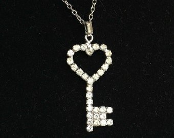 Rhinestone Heart Necklace, Heart Necklace, Heart Key Necklace, Heart Pendant, Heart Jewelry, Key Pendant, Key Necklace, Rhinestone Pendant