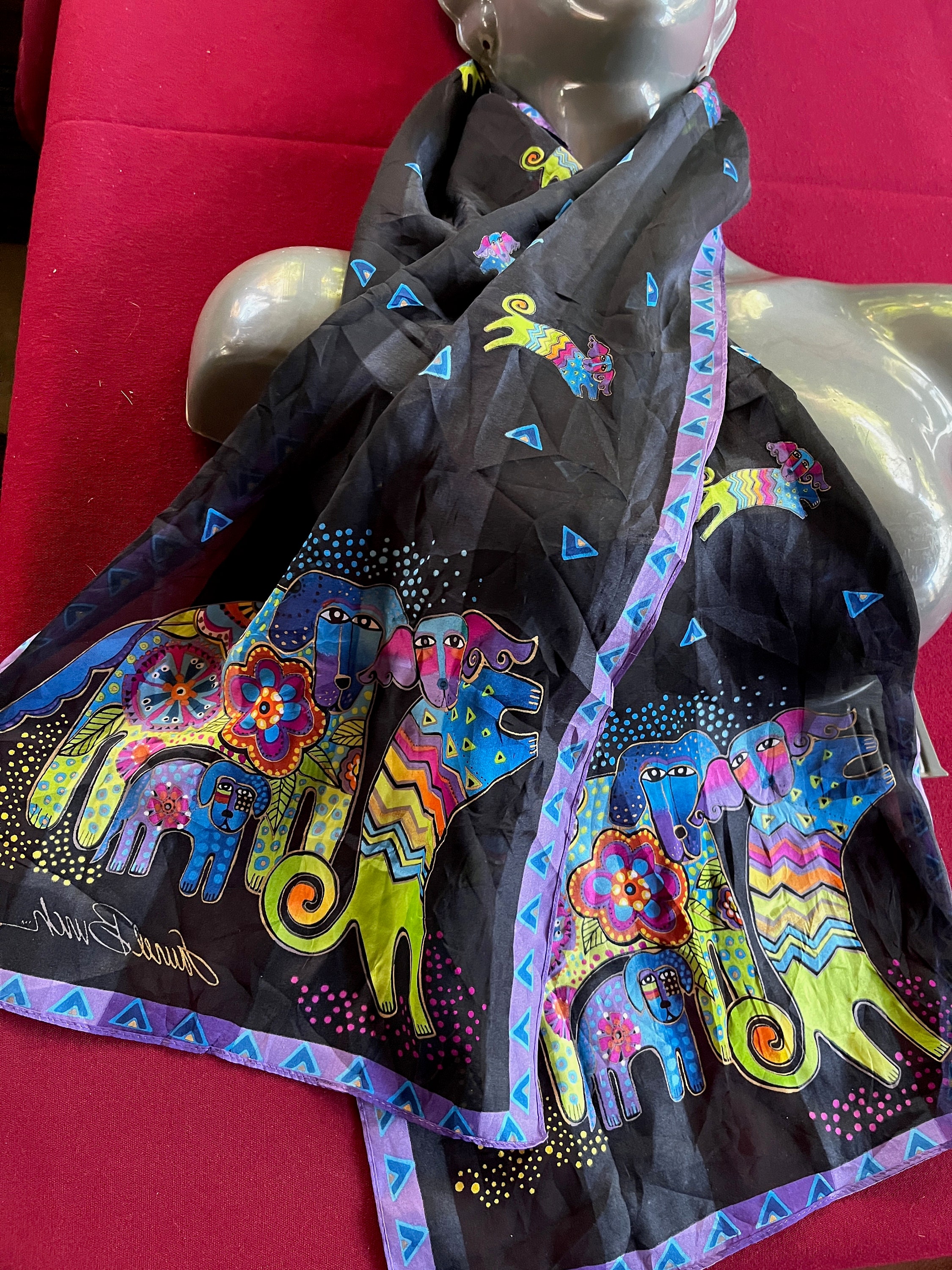 Foulard Laurel Burch 100% Soie - Chats, Fleurs Et Esprits - Neuf Avec Étiquette