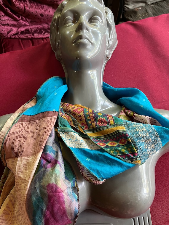 Silk India Scarf, Patchwork Scarf, Multi-color Sc… - image 1