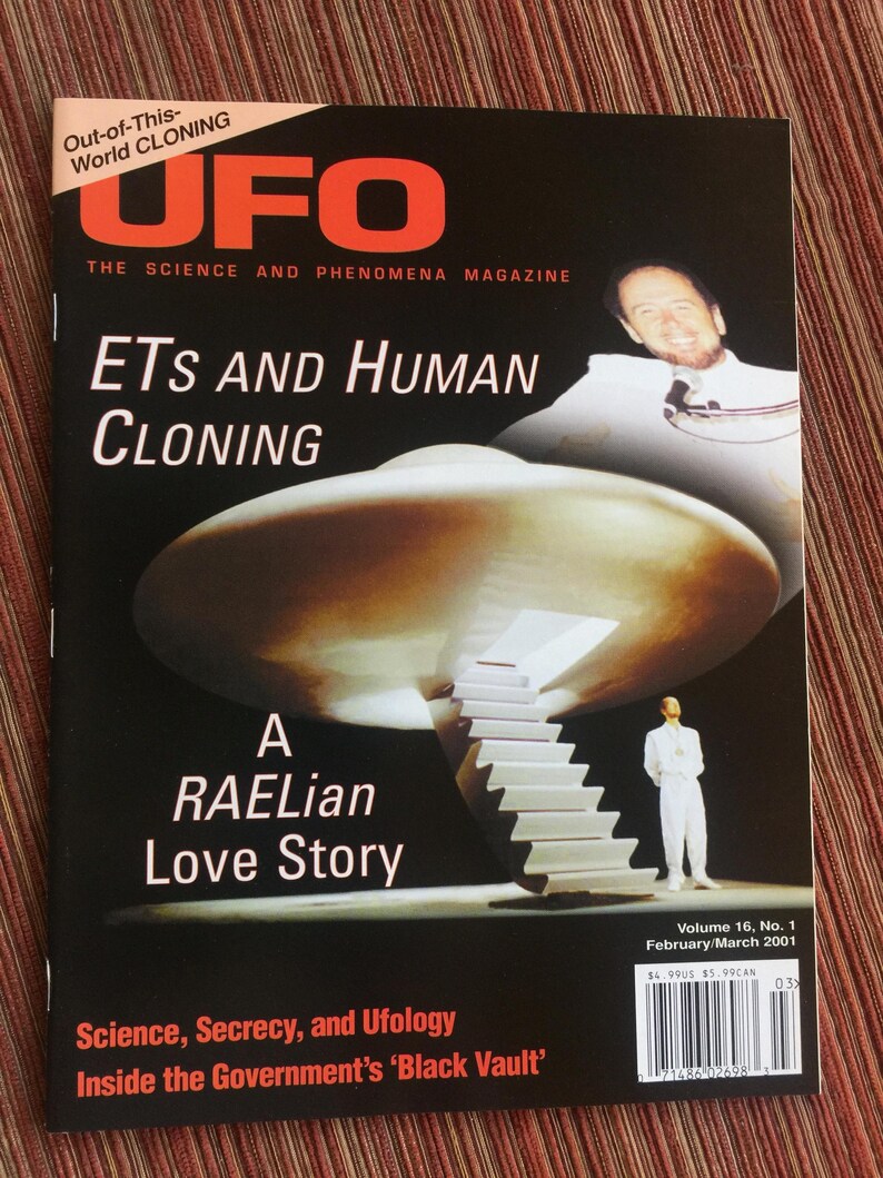Puede incluir: Un ejemplar de la revista UFO The Science and Phenomena, volumen 16, n.&ordm; 1, febrero/marzo de 2001. La portada muestra una gran nave met&aacute;lica en forma de disco con una escalera, una persona vestida de blanco y el titular ETs and Human Cloning.
