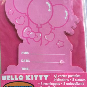 May include: Pink Hello Kitty party invitations with balloons, hearts, and stars. The package includes 8 invitations, 8 envelopes, 8 stickers, and 8 postcards. The text on the package reads "Hello Kitty 8 Invitations <<Save the Date>>"