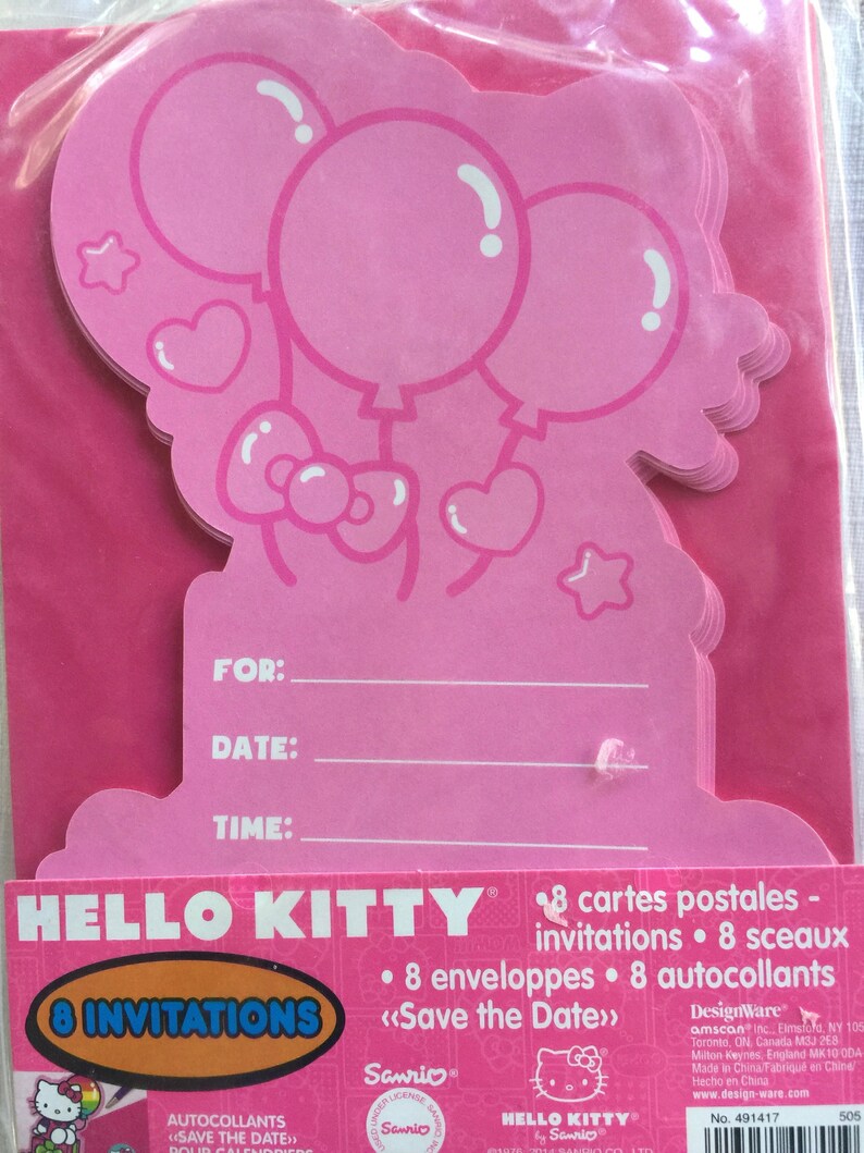 May include: Pink Hello Kitty party invitations with balloons, hearts, and stars. The package includes 8 invitations, 8 envelopes, 8 stickers, and 8 postcards. The text on the package reads "Hello Kitty 8 Invitations <<Save the Date>>"