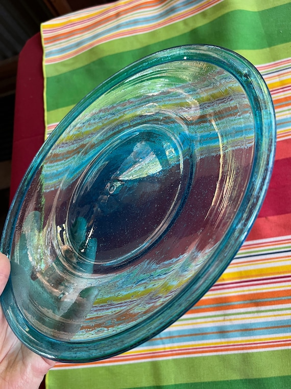 吹きガラス大皿、青いガラス大皿、吹きガラスプレート、センターピース