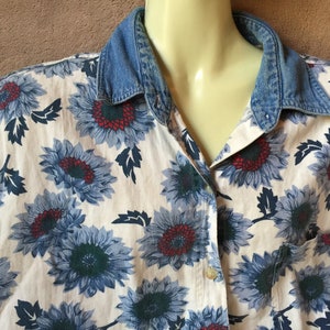 Sunflower Blouse, Denim Blouse, Jean Blouse, Denim Top, Sunflower Top, Flower Denim Blouse, Sleeveless Denim Top, Flower Blouse, Flower Top