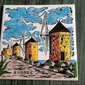 Handmade Tile, Tile Wall, Tile Art, Greek Tile, Wall Tile, Greek Island, Wall Decor, Rhodes Greece, Pottery Art, Greek Art, Windmill Tile