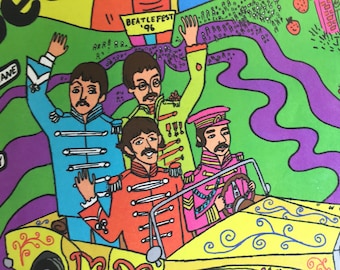 May include: A cartoon illustration of the Beatles in a yellow car. The car has a blue and white swirl design. The Beatles are wearing colorful outfits and are smiling. The text "Beatlefest '96" is visible in the background.