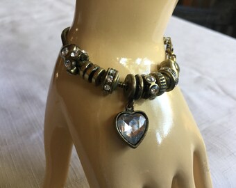 Heart Bracelet, Heart Metal Bracelet, Love Bracelet, Metal Bead Bracelet, Rhinestone Bracelet, Heart Charm Bracelet, Heart Bangle