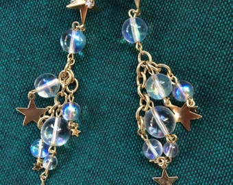 Star Earring, Star Dangle Earring, Clear Dangle, Clear Ball Dangle, Clear Globe Dangle, Gold Star Dangle, Gold Star Earring, 80s Dangle