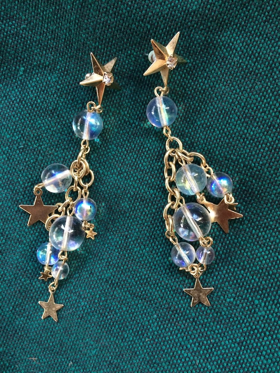 Star Earring, Star Dangle Earring, Clear Dangle, Clear Ball Dangle, Clear Globe Dangle, Gold Star Dangle, Gold Star Earring, 80s Dangle