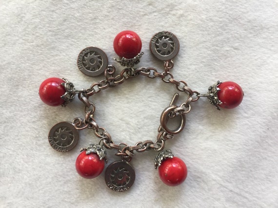 Red Charm Bracelet, Red Bracelet, Red Silver Brac… - image 2