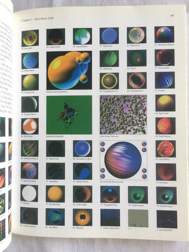 May include: A page from a book displaying a collection of colourful spheres with various textures and patterns. The spheres are labelled with numbers and names, such as "LavaCrystal", "LumiPastels", "Medicinal", and "MetaTools Sphere".