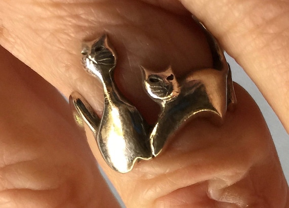 Cat Ring, Silver Cat Ring, Retro Cat Ring, Two Ca… - image 3