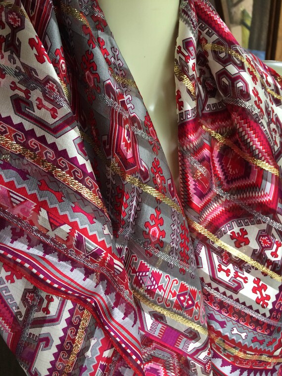 Red Gold Scarf, Red Pattern Scarf, Red Print Scar… - image 2