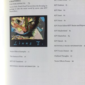 May include: A book cover with the title "Vector Effects" and a colourful illustration of a cat's face. The book is part of a series called "MetaTools Inside Information".